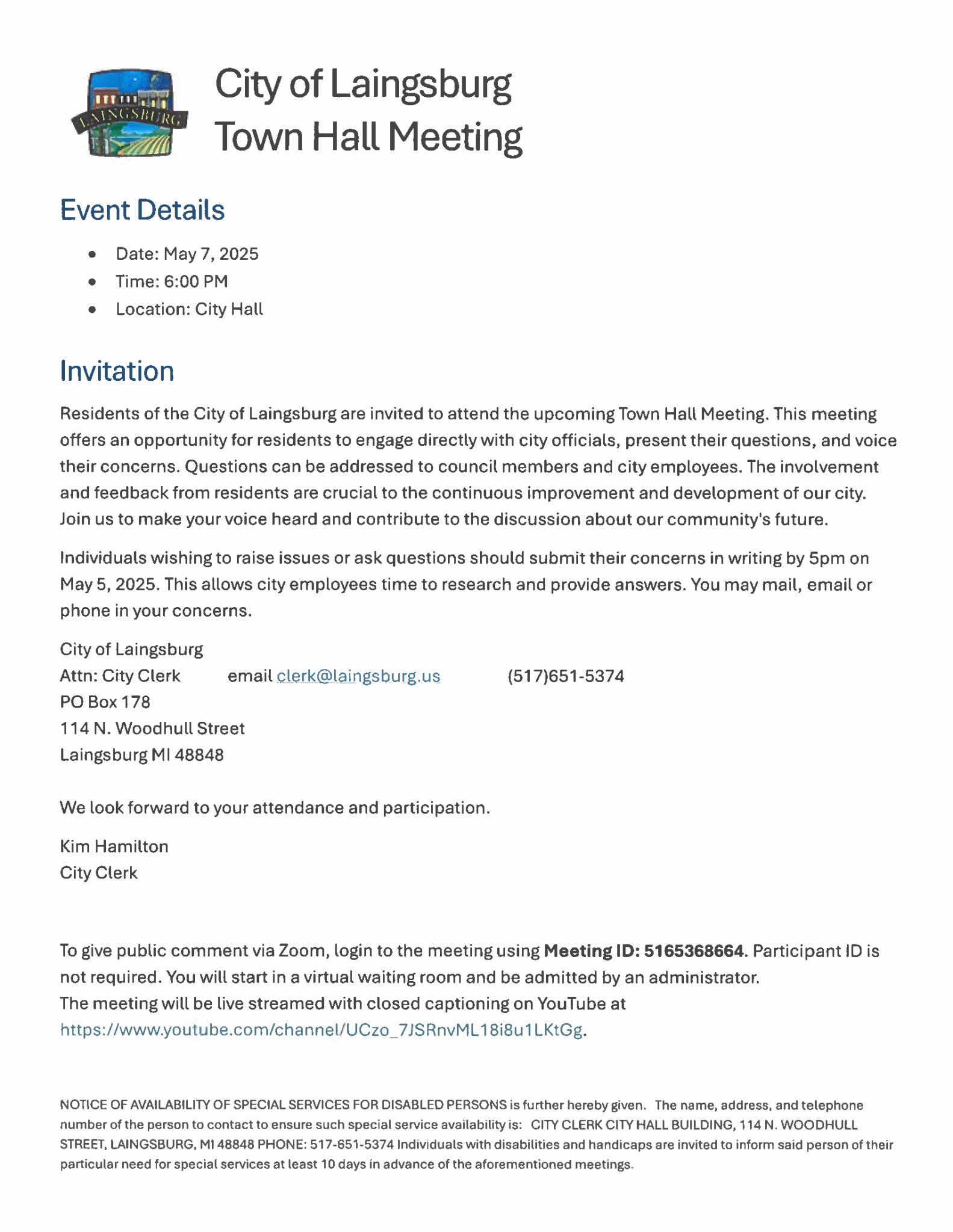 City of Laingsburg Town Hall Meeting, May 7th 2025, 600 Council